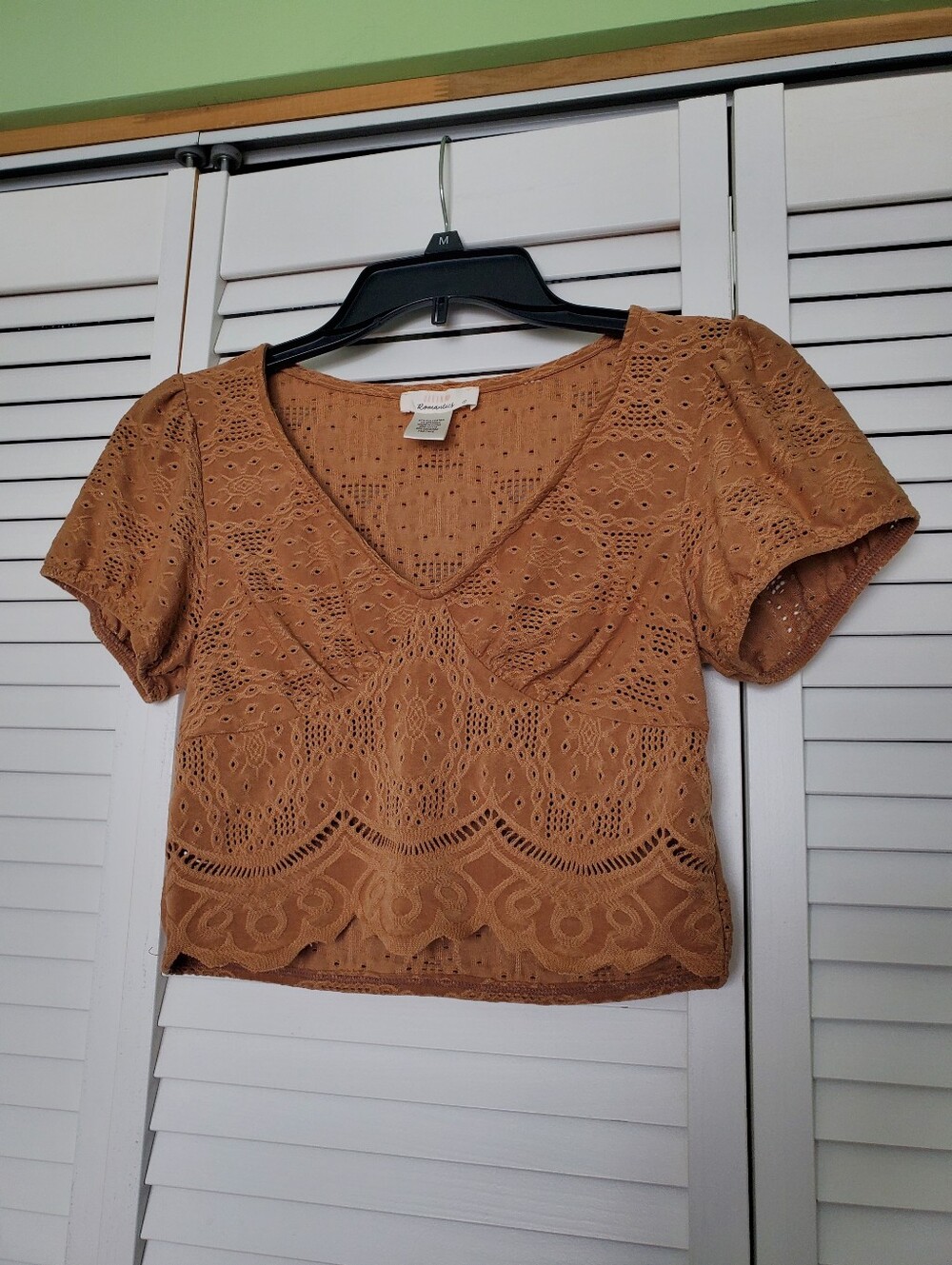 URBAN Romantics Tan Brown Eyelet V-Neck Crop Top